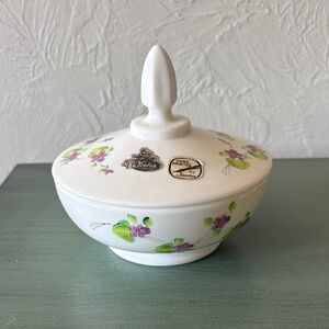 Fenton White Covered Porcelain Dish with Hand-Painted Purple Flowers